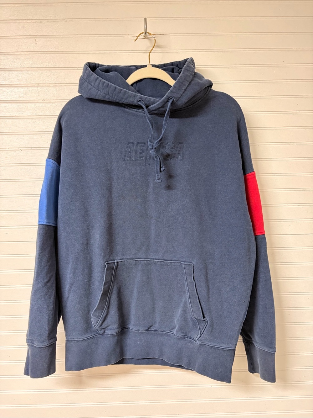 American Eagle Outfitters Navy Hoodie with Blue & Red Sleeve Panels